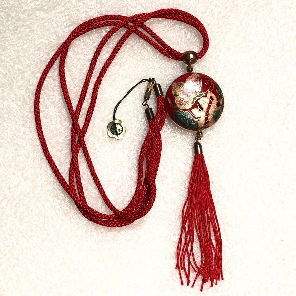 Vtg New Old Stock Cloisonné Tassel Chord Pendant Necklace - Taiwan